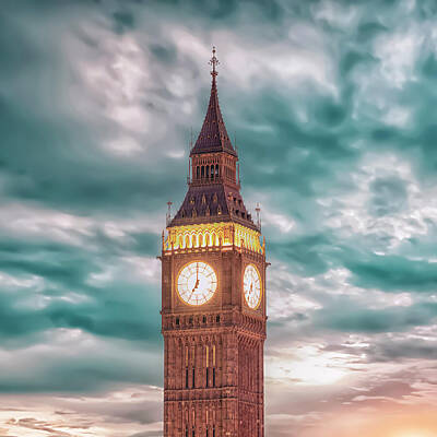 Abstract Ink Paintings In Color - Big Ben at sunset by Manjik Pictures