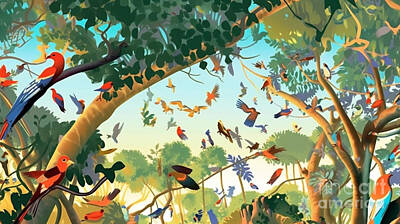 Animals Paintings - Birds  sing  melodiously  from  the  branches  by Asar Studios by Celestial Images
