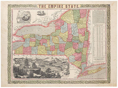 Cities Drawings - BROADSIDE MAP OF THE STATE OF NEW YORK. The Empire State. New York Ensign, Bridgman Fanning, 1851 by Timeless Geo Maps