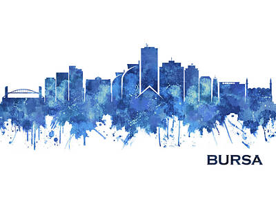 Beach House Signs - Bursa Turkey Skyline Blue by NextWay Art