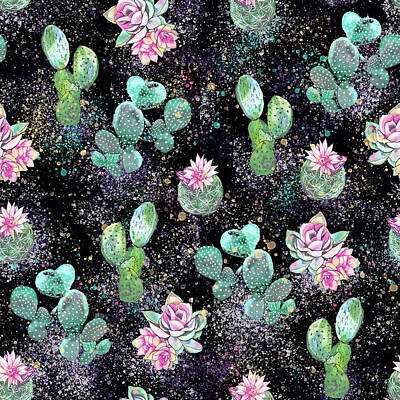Abstract Flowers Drawings - Cactus with flowers watercolor illustration pattern by Julien
