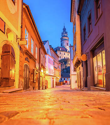 City Scenes Photos - Cesky Krumlov scenic street architecture dawn view by Brch Photography