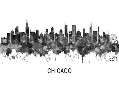 Landscapes Mixed Media Royalty Free Images - Chicago Illinois Skyline BW Royalty-Free Image by NextWay Art