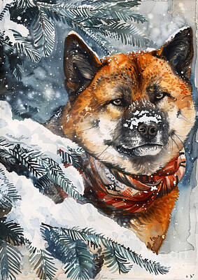Animals Drawings - Christmas Akita Xmas animal holiday Merry Christmas by Clint McLaughlin