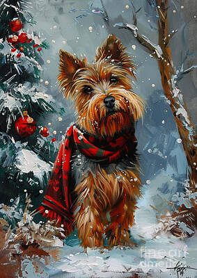 Drawings Royalty Free Images - Christmas Australian Terrier Xmas animal holiday Merry Christmas Royalty-Free Image by Clint McLaughlin