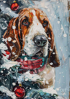 Drawings Royalty Free Images - Christmas Basset Hound Xmas animal holiday Merry Christmas Royalty-Free Image by Clint McLaughlin