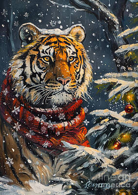 Drawings Royalty Free Images - Christmas Bengal Tiger Xmas animal holiday Merry Christmas Royalty-Free Image by Clint McLaughlin