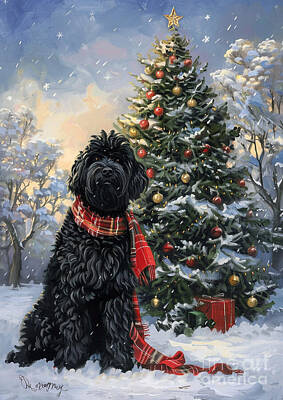 Drawings Royalty Free Images - Christmas Black Russian Terrier Xmas animal holiday Merry Christmas Royalty-Free Image by Clint McLaughlin