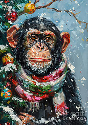 Portraits Drawings - Christmas Chimpanzee Xmas animal holiday Merry Christmas by Clint McLaughlin