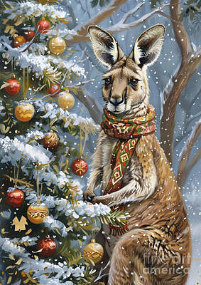 Drawings Rights Managed Images - Christmas Kangaroo Xmas animal holiday Merry Christmas Royalty-Free Image by Clint McLaughlin