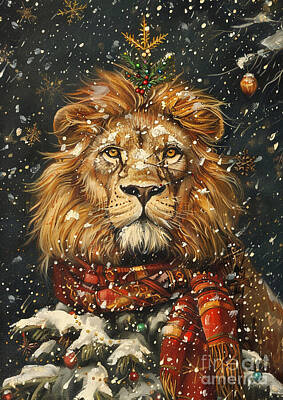 Animals Drawings - Christmas Lion Xmas animal holiday Merry Christmas by Clint McLaughlin