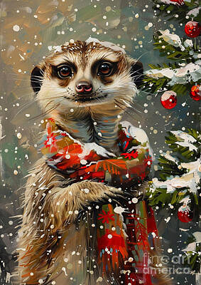 Animals Drawings - Christmas Meerkat Xmas animal holiday Merry Christmas by Clint McLaughlin