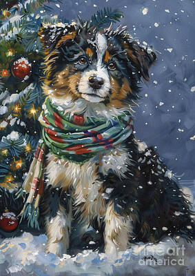 Animals Drawings - Christmas Miniature American Shepherd Xmas animal holiday Merry Christmas by Clint McLaughlin