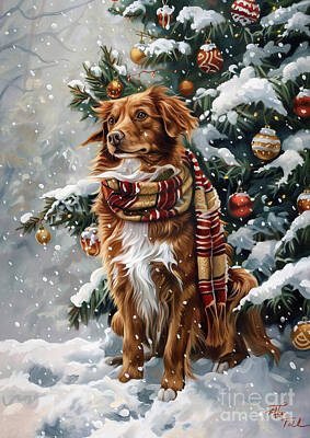 Birds Drawings Rights Managed Images - Christmas Nova Scotia Duck Tolling Retriever Xmas animal holiday Merry Christmas Royalty-Free Image by Clint McLaughlin