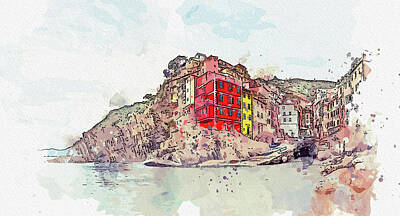 Abstract Skyline Paintings - Cinque Terre, Italia 2, ca 2021 by Ahmet Asar, Asar Studios by Celestial Images
