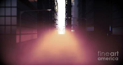 Abstract Skyline Digital Art - City Street And Fog At Dawn by Allan Swart