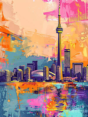 Abstract Skyline Paintings - CN Tower Toronto  by Tommy Mcdaniel