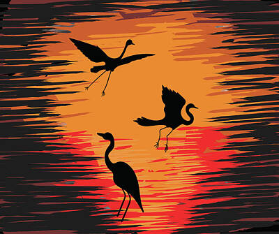 Birds Drawings Royalty Free Images - Colorful orange and red sunset Royalty-Free Image by Julien