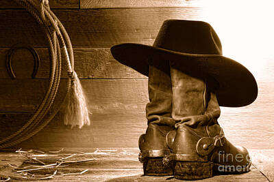 Landmarks Royalty-Free and Rights-Managed Images - Cowboy Hat on Boots with Lasso - Sepia by American West Legend