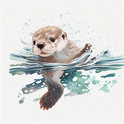 Shark Art Rights Managed Images - Cute  baby  otter  swimming  through  the  ocean  by Asar Studios Royalty-Free Image by Celestial Images