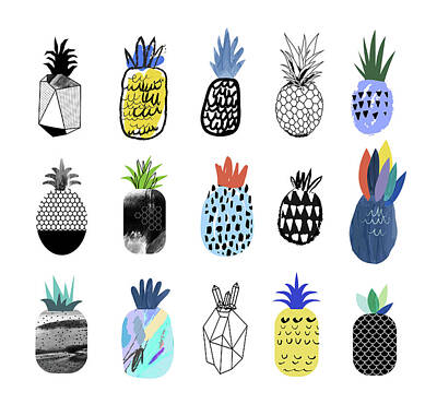 Food And Beverage Drawings - Cute pineapples with different textures by Julien