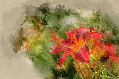 Lilies Digital Art - Digital watercolor painting of Beautiful vibrant red and yellow  by Matthew Gibson