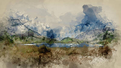 Mountain Digital Art - Digital watercolor painting of Evening landscape image of Llyn y Dywarchen lake in Snowdonia Nationa by Matthew Gibson