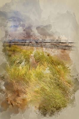 Bath Time Royalty Free Images - Digital watercolor painting of Evening Summer landscape over grassy sand dunes on beach Royalty-Free Image by Matthew Gibson