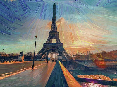 Painted Wine - Eiffel Tower near city road under sky at sunset - Abstract Oil Painting by Ahmet Asar by Celestial Images
