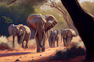 Animals Paintings - ELEPHANTS  OF  SAMBURU  in  a  Jack  Kirby  style  gent by Asar Studios by Celestial Images