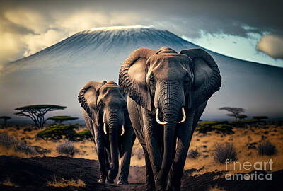 Animals Photos - Elephants on african savanna with Mount Kilimanjaro. Generative AI by Michal Bednarek