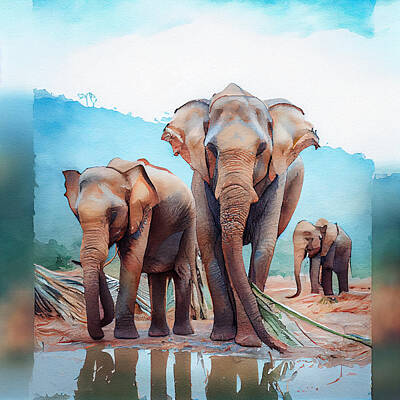 Animals Paintings - elephants  watercolor  by Asar Studios by Celestial Images