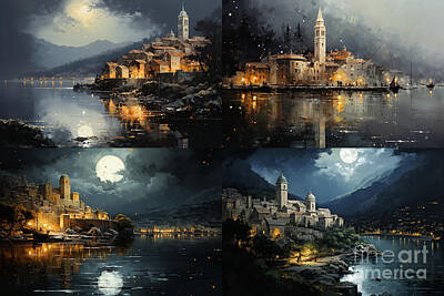 Cities Paintings - European  town  in  night Using  extremely  small  bbfb  e    aef  aededfe by Asar Studios by Artistic Rifki