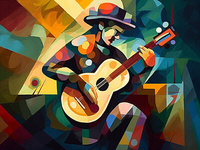 Musician Mixed Media Rights Managed Images - Flamenco Guitarist in Cubist Style Royalty-Free Image by Stephen Smith Galleries