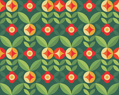 Abstract Flowers Drawings - Flowers and leaves nature background. Abstract geometric seamless pattern. Decorative ornament in retro vintage design flat style. Floral backdrop. illustration.  by Julien