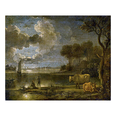 Farmhouse - Follower Of Aert Van Der Neer Moonlit River Landscape With Boats, Fisherman And Cows by Arpina Shop