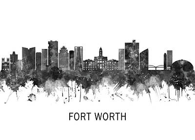 City Scenes Mixed Media Rights Managed Images - Fort Worth Texas Skyline BW Royalty-Free Image by NextWay Art