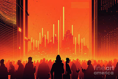 Black And White Ink Illustrations - Futuristic illustration, book cover, of group of people, red bac by Joaquin Corbalan