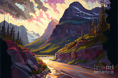 Surrealism Digital Art Rights Managed Images - Going  To  The  Sun  Road  in  Glacier  National  Park    by Asar Studios Royalty-Free Image by Celestial Images