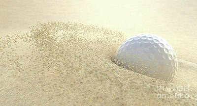 Sports Royalty-Free and Rights-Managed Images - Golf Ball Hitting Bunker Sand by Allan Swart