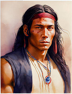 Landmarks Digital Art - Handsome  young  native  American  Indian  Post  Impr  by Asar Studios by Celestial Images