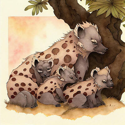 Vintage Signs - Hyena  family    Nihonga  japanese  traditional  pain by Asar Studios by Celestial Images