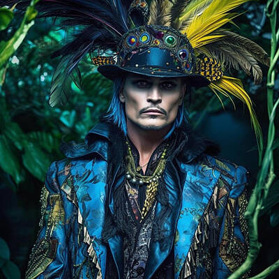 Actors Paintings - Johnny  Depp  as  editorial  colorful  nature  themed  by Asar Studios by Celestial Images