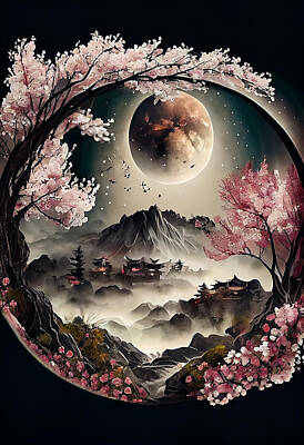 Landscapes Royalty-Free and Rights-Managed Images - landscape  under  the  moon  a  Cherry  blossoms  roun  by Asar Studios by Celestial Images