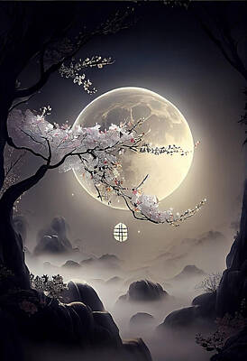Landscapes Digital Art - landscape  under  the  moon  a  plum  blossom  vertica  by Asar Studios by Celestial Images