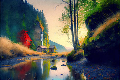 Landscapes Digital Art - landscape  watercolor  painting  style  by  Laura  Su  by Asar Studios by Celestial Images