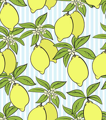 Florals Drawings - Lemon citrus pattern. Botanical illustration. Summer background. Floral design.  by Julien