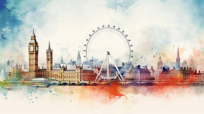 London Skyline Royalty-Free and Rights-Managed Images - London Skyline Watercolour #02 by Stephen Smith Galleries