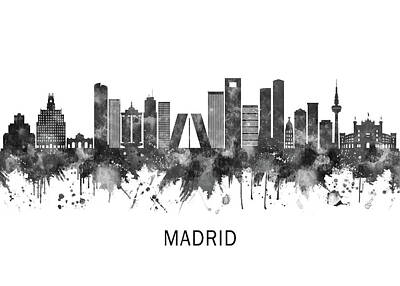Abstract Landscape Mixed Media - Madrid Spain Skyline BW by NextWay Art