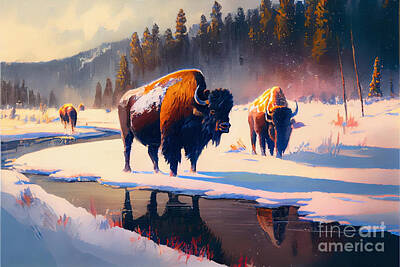 Surrealism Digital Art Rights Managed Images - Majestic  American  bisons  in  yellowstone  winter   by Asar Studios Royalty-Free Image by Celestial Images